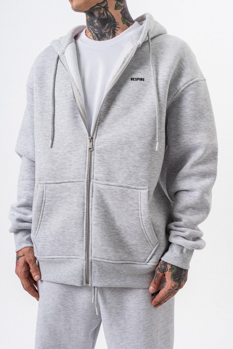 ريسباير هودي رجالي أساسي واسع (Oversize) بسحاب (Zip) بغطاء رأس بتفاصيل نص "Respire" لون رمادي ثلجي (Kar Melanj) - Image 5